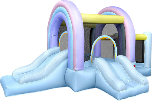 BestParty Marshmallow Rainbow Bounce House, Pastel Bouncer with Ball Play Room & Slide, 11.5ft L x 7.2ft W x 5.9ft H, UL Blower Included, Basketball Hoop, 30 Pastel Plastic Balls