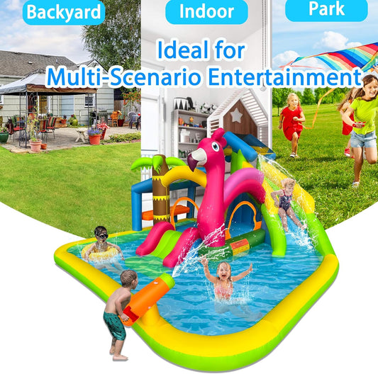 BestParty Inflatable Water Slide,Flamingo Water Park Bouncy Castle,9 in 1 Waterslides with Climbing Wall,Splash Pool,Toy Market Stand, Bounce Area,Water Cannon,Basketball Rim,Sprinkler and Blower