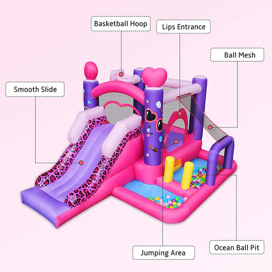 BESTPARTY Princess Inflatable Bounce House, 6-in-1 Jump & Slide Bouncer W / Large Ball Pit, Inflatable Bouncer for Girls Party