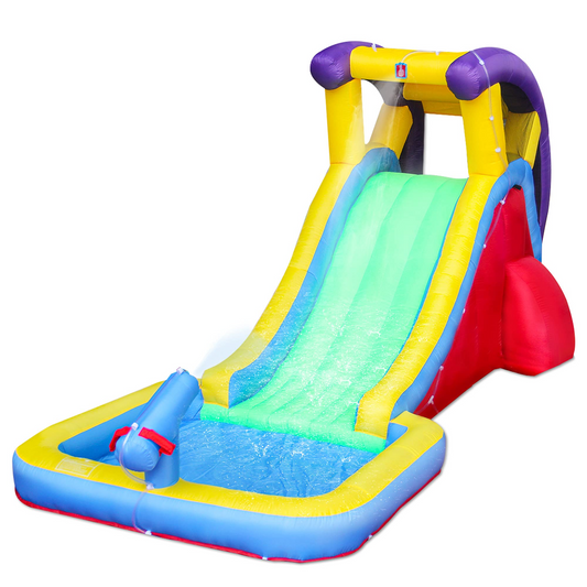 Inflatable Water Slide for Kids Backyard, Inflatable Water Park for Summer Fun - Splash Pool, Climbing Wall, Water Cannon, Slide - Storage Bag, Blower Included