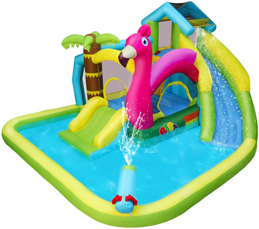 BESTPARTY Inflatable Water Slide 8 in 1 Flamingo Bounce House Wet & Dry Combo with Blower, Heavy-Duty Nylon Bouncy House for 4 Kids 3-12 Years Old, Water Park with Water Gun, Splash Pool, Bounce Area