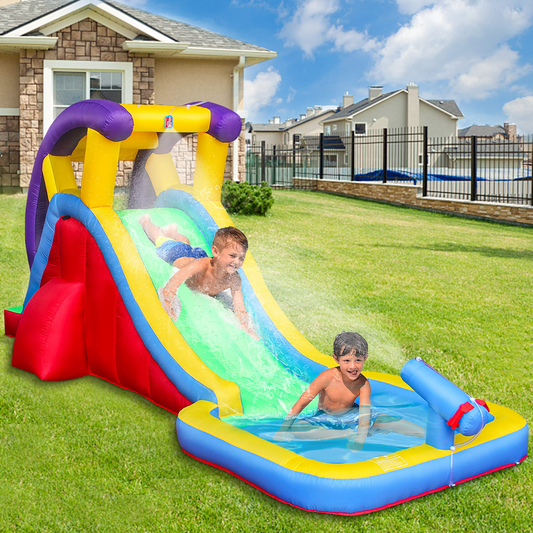 Inflatable Water Slide for Kids Backyard, Inflatable Water Park for Summer Fun - Splash Pool, Climbing Wall, Water Cannon, Slide - Storage Bag, Blower Included