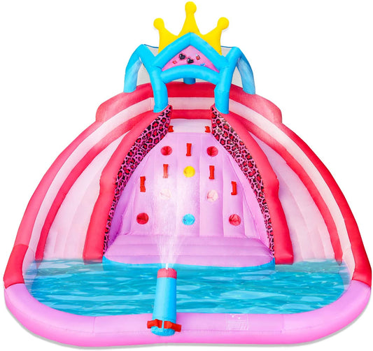 Inflatable Water Slides for Kids Backyard, Princess Inflatable Water Park w/Double Slides, Inflatable Water Slide with Climbing Wall & Splash Pool, Hose, Water Cannon (580w Blower Included)