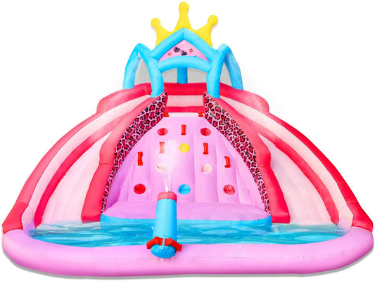 Inflatable Water Slides for Kids Backyard, Princess Inflatable Water Park w/Double Slides, Inflatable Water Slide with Climbing Wall & Splash Pool, Hose, Water Cannon (580w Blower Included)