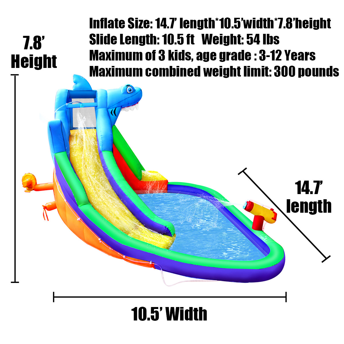 BESTPARTY Inflatable Kids Water Slide, Shark Water Park with Blower.