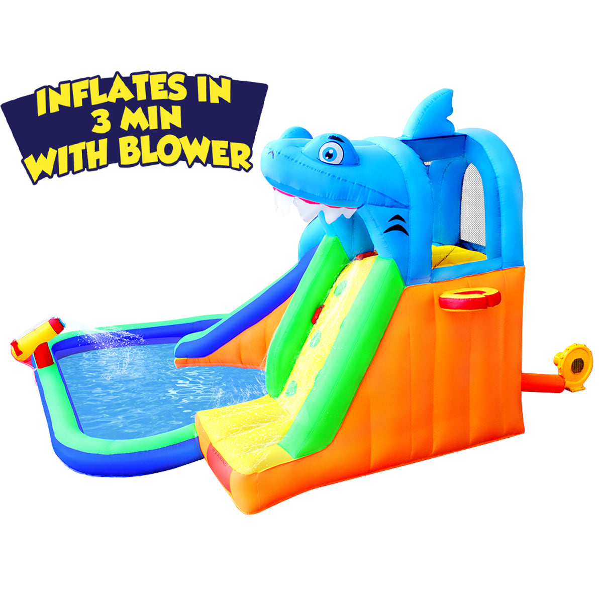BESTPARTY Inflatable Kids Water Slide, Shark Water Park with Blower.