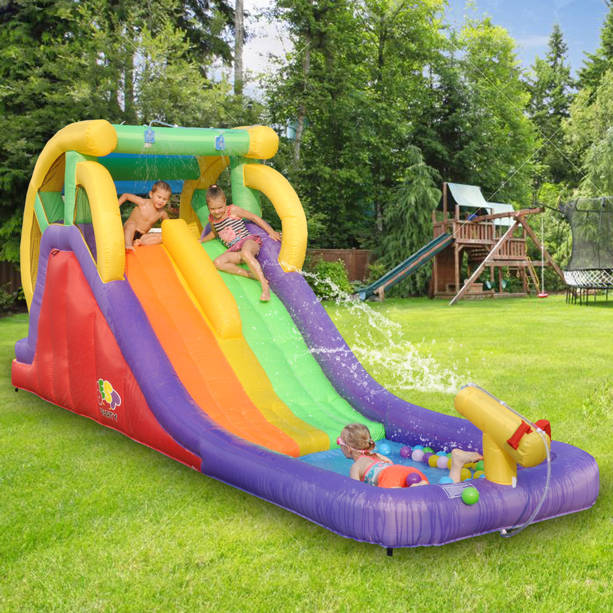 BESTPARTY Inflatable Double Water Slide Splash Pool with Blower.